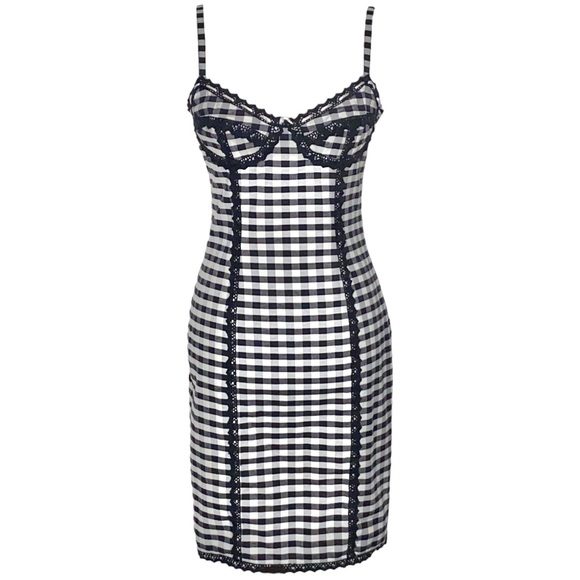Betsey Johnson Dresses & Skirts - M VTG Betsey Johnson Gingham Print Pinup Bustier Pencil Hourglass Dress